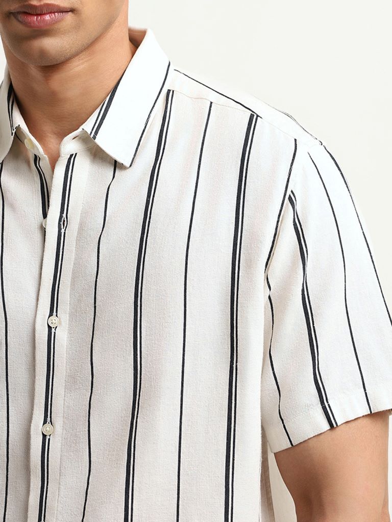 Ascot Navy Striped Relaxed Fit Blended Linen Shirt