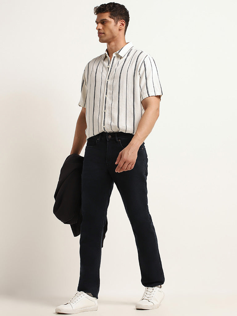 Ascot Navy Striped Relaxed Fit Blended Linen Shirt