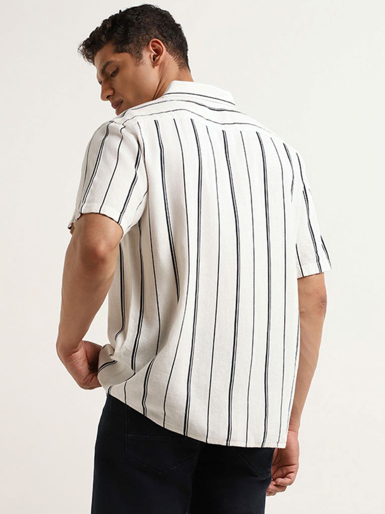 Ascot Navy Striped Relaxed Fit Blended Linen Shirt