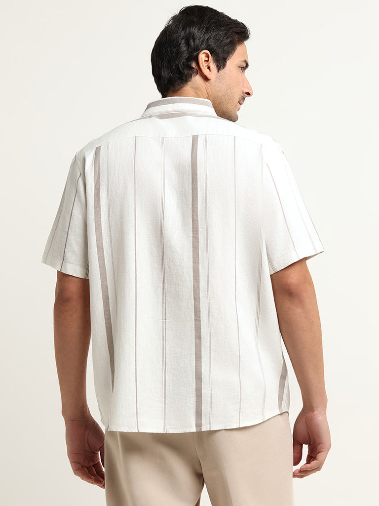 Ascot Off-White Striped Relaxed Fit Blended Linen Shirt