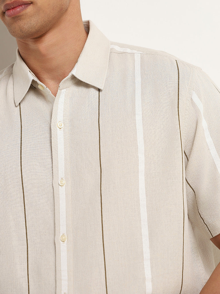 Ascot Beige Striped Relaxed Fit Blended Linen Shirt