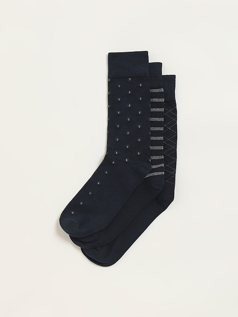 WES Lounge Navy Printed Cotton Blend Full Length Socks - Pack of 3