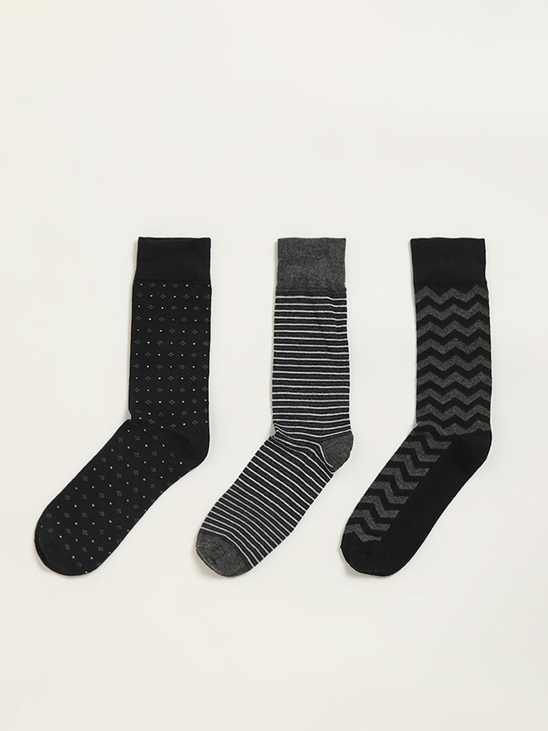 WES Lounge Black Printed Cotton Blend Full Length Socks - Pack of 3