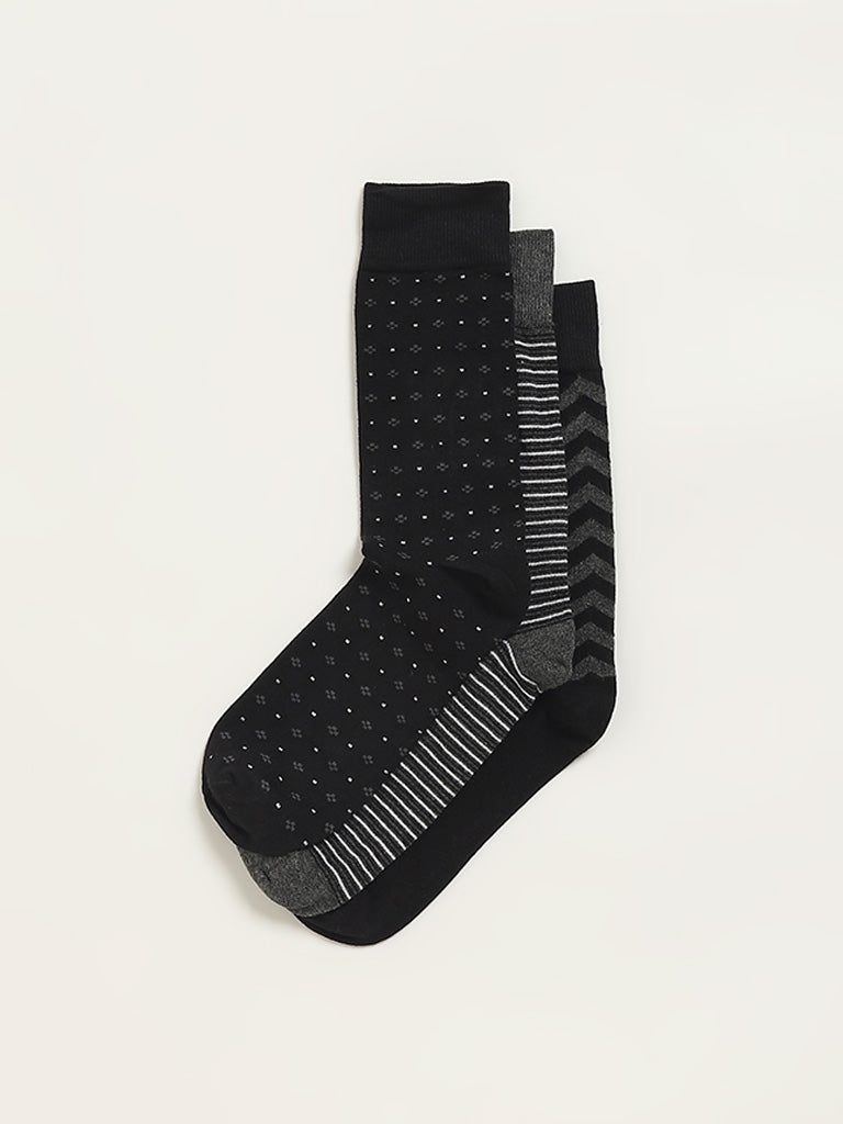 WES Lounge Black Printed Cotton Blend Full Length Socks - Pack of 3