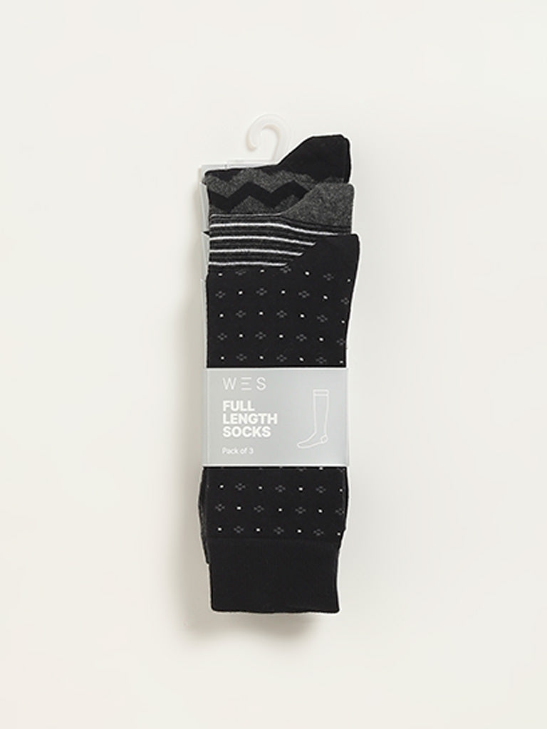 WES Lounge Black Printed Cotton Blend Full Length Socks - Pack of 3