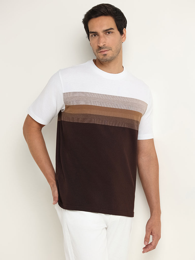 WES Lounge Brown Striped Cotton Blend Relaxed Fit T-Shirt