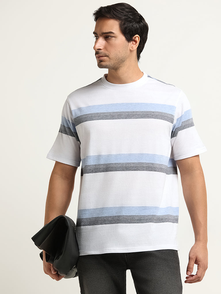 WES Lounge Blue Striped Cotton Blend Relaxed Fit T-Shirt