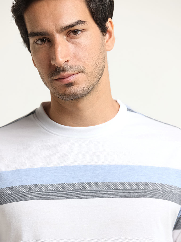 WES Lounge Blue Striped Cotton Blend Relaxed Fit T-Shirt