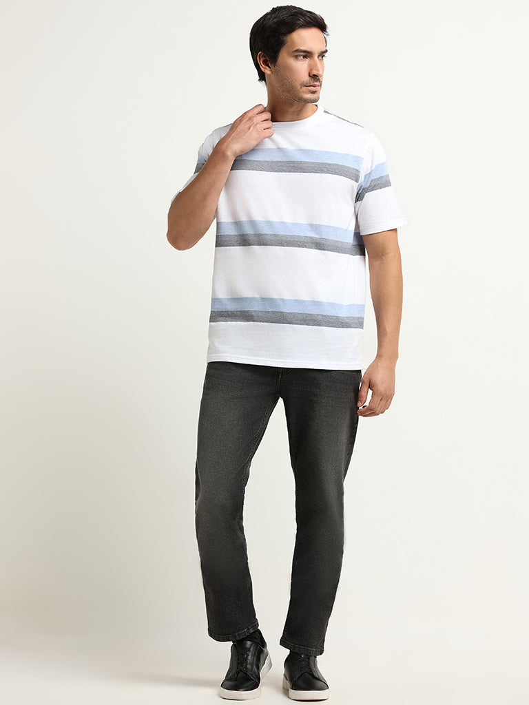 WES Lounge Blue Striped Cotton Blend Relaxed Fit T-Shirt