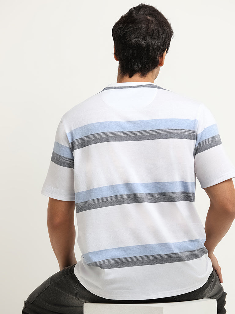 WES Lounge Blue Striped Cotton Blend Relaxed Fit T-Shirt