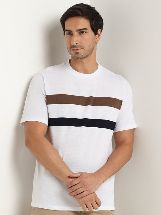 WES Lounge White Striped Cotton Blend Relaxed Fit T-Shirt