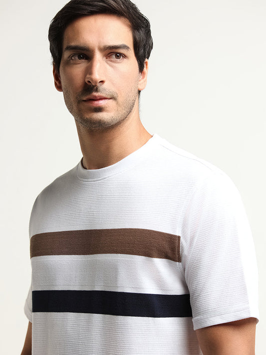 WES Lounge White Striped Cotton Blend Relaxed Fit T-Shirt