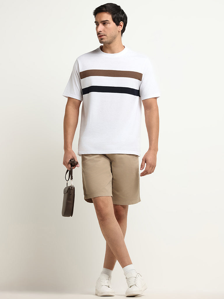 WES Lounge White Striped Cotton Blend Relaxed Fit T-Shirt