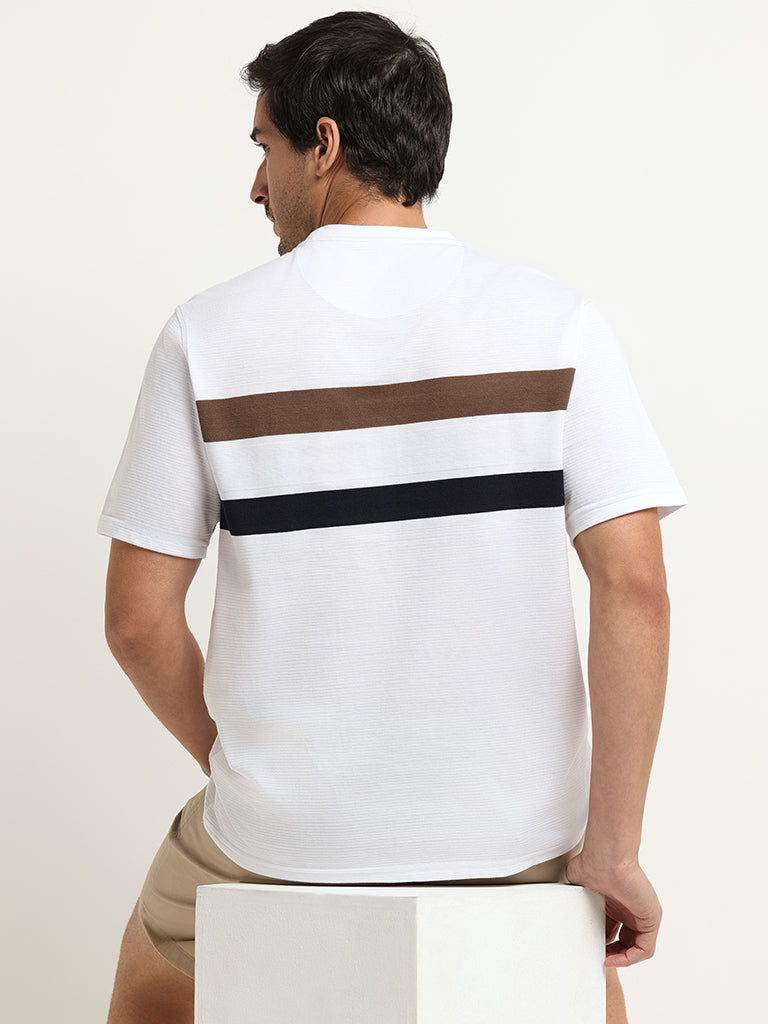 WES Lounge White Striped Cotton Blend Relaxed Fit T-Shirt