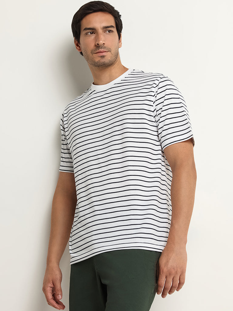 WES Lounge White Striped Cotton Blend Relaxed Fit T-Shirt