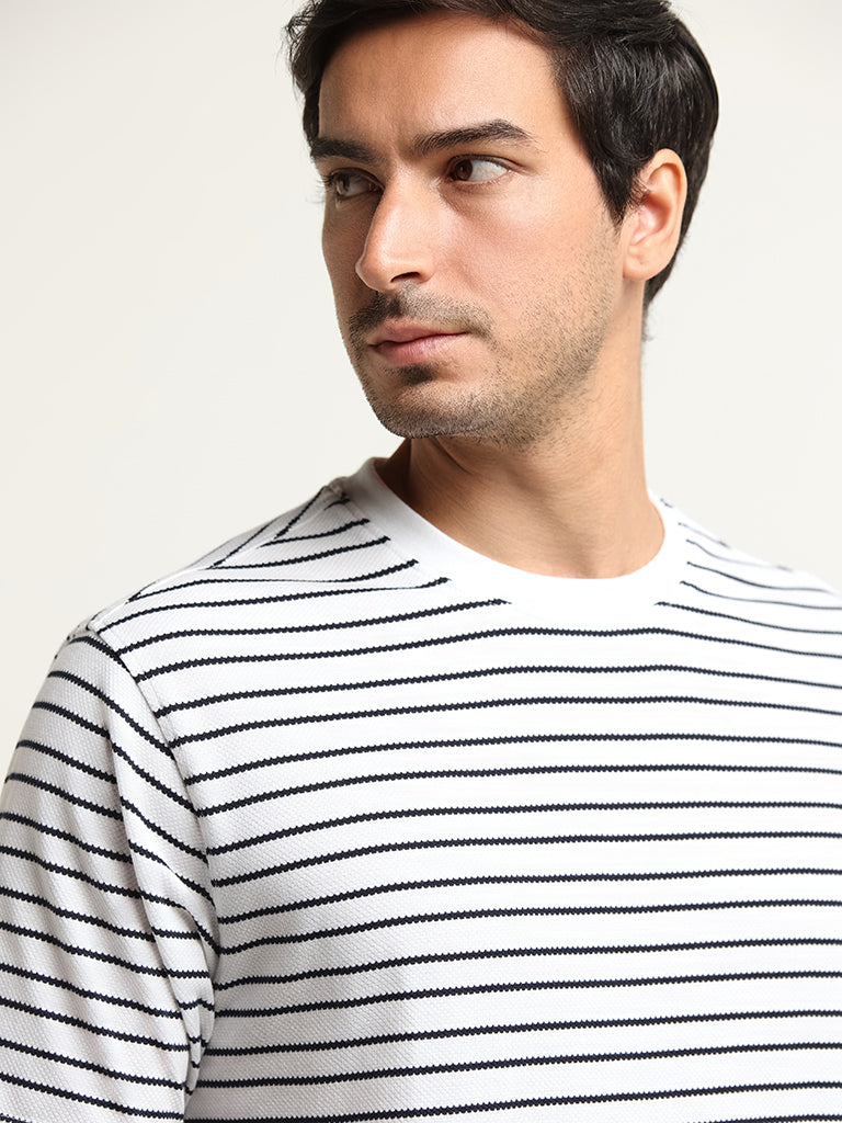 WES Lounge White Striped Cotton Blend Relaxed Fit T-Shirt