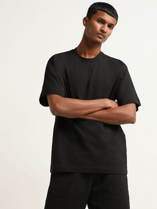 Studiofit Black Ribbed Textured Relaxed Fit T-Shirt