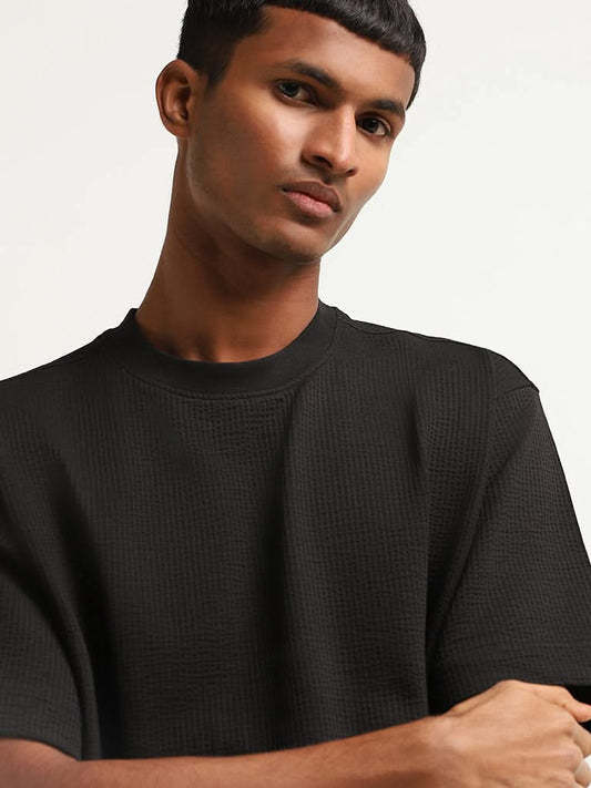 Studiofit Black Ribbed Textured Relaxed Fit T-Shirt