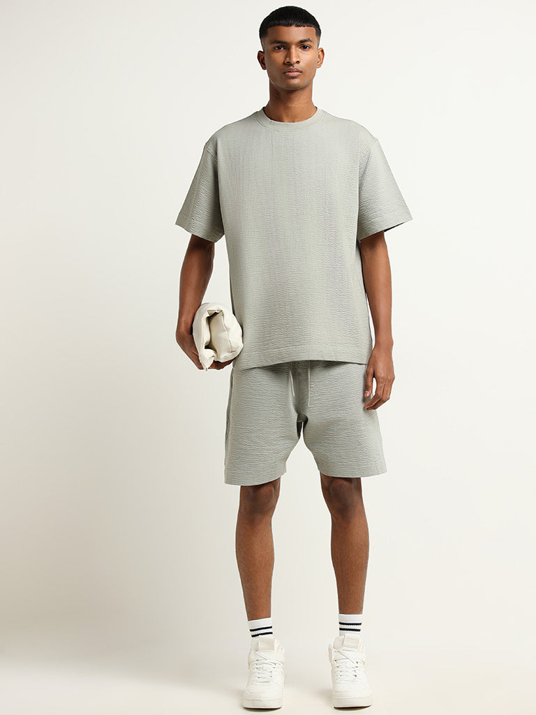 Studiofit Sage Green Ribbed Textured Relaxed Fit T-Shirt