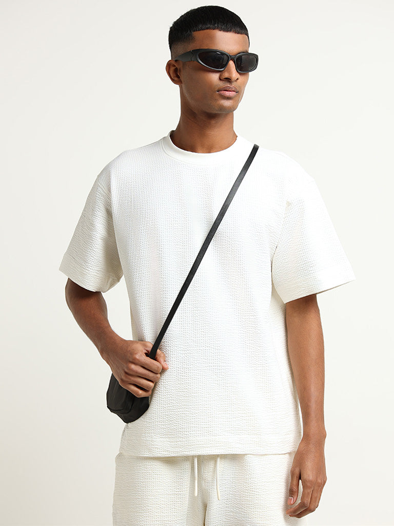 Studiofit Off-White Ribbed Textured Relaxed Fit T-Shirt