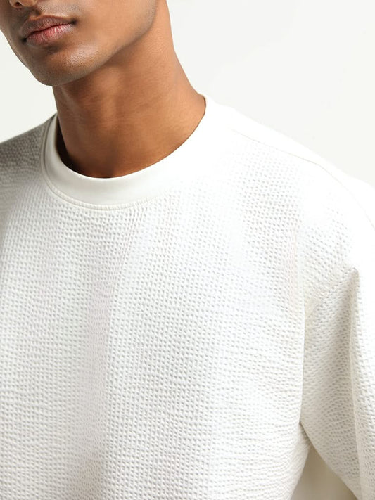 Studiofit Off-White Ribbed Textured Relaxed Fit T-Shirt