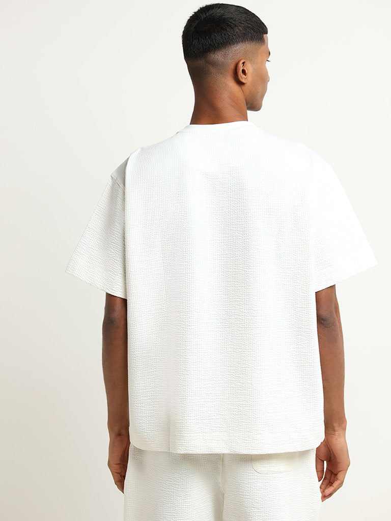 Studiofit Off-White Ribbed Textured Relaxed Fit T-Shirt