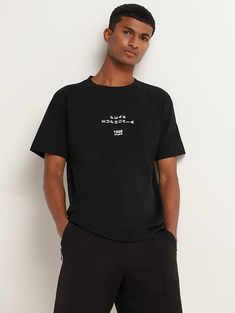 Studiofit Black Printed Cotton Blend Relaxed-Fit T-Shirt