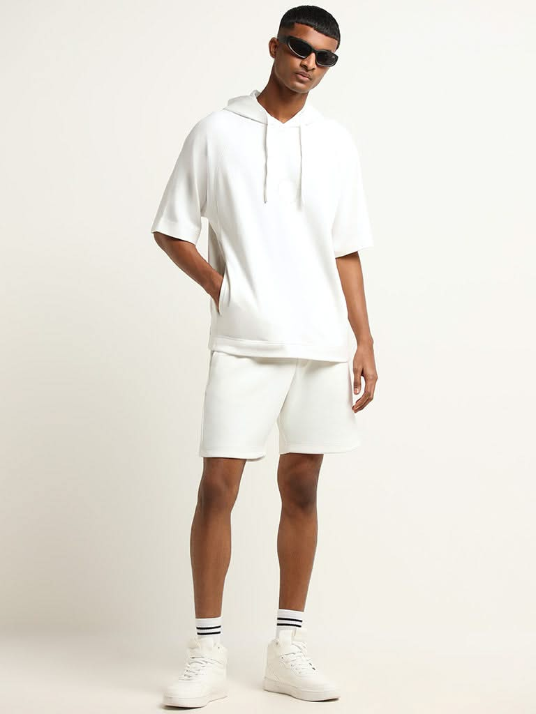 Studiofit Off-White Printed Hoodie Cotton Relaxed Fit T-Shirt