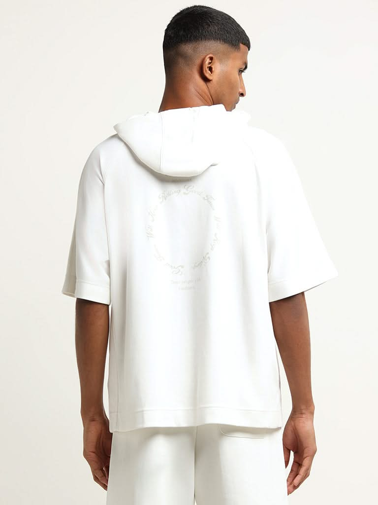 Studiofit Off-White Printed Hoodie Cotton Relaxed Fit T-Shirt