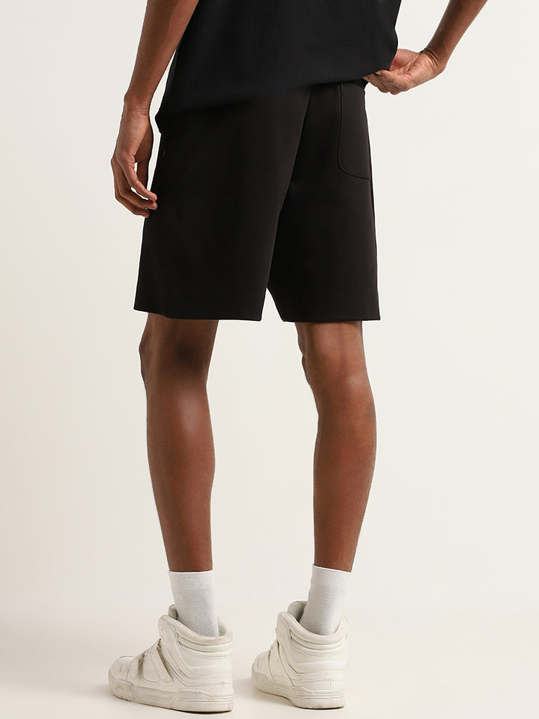 Studiofit Black Solid Mid Rise Cotton Blend Relaxed Fit Shorts