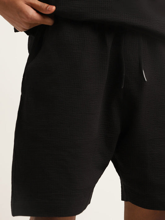 Studiofit Black Ribbed Textured Mid Rise Relaxed Fit Shorts