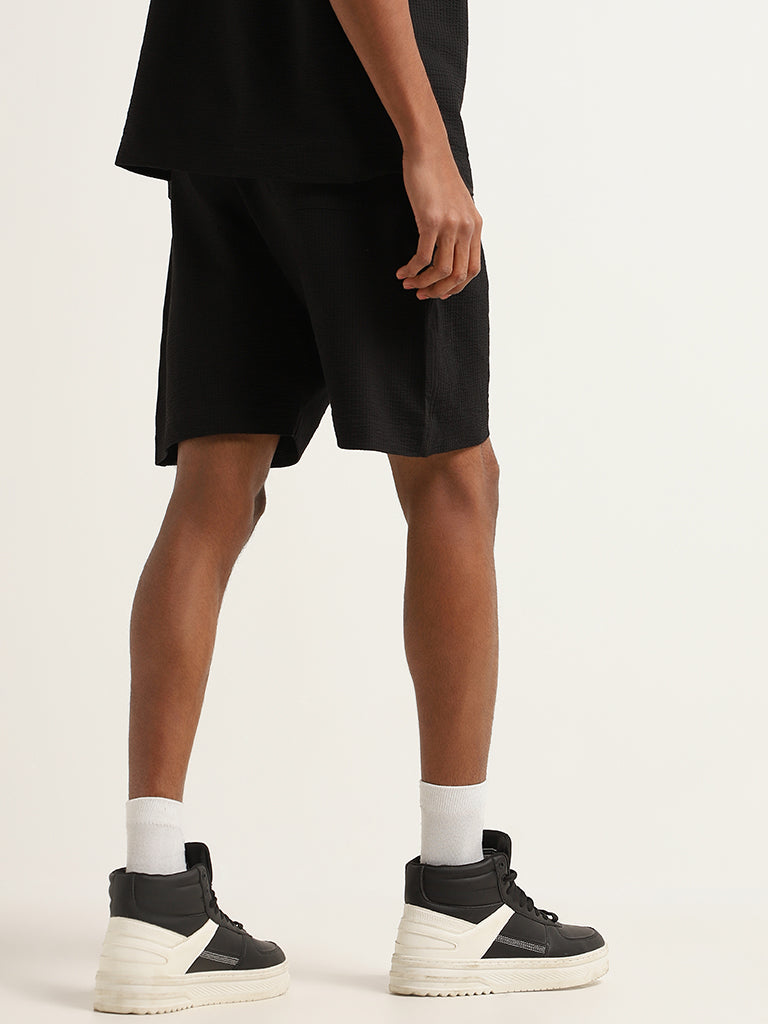 Studiofit Black Ribbed Textured Mid Rise Relaxed Fit Shorts