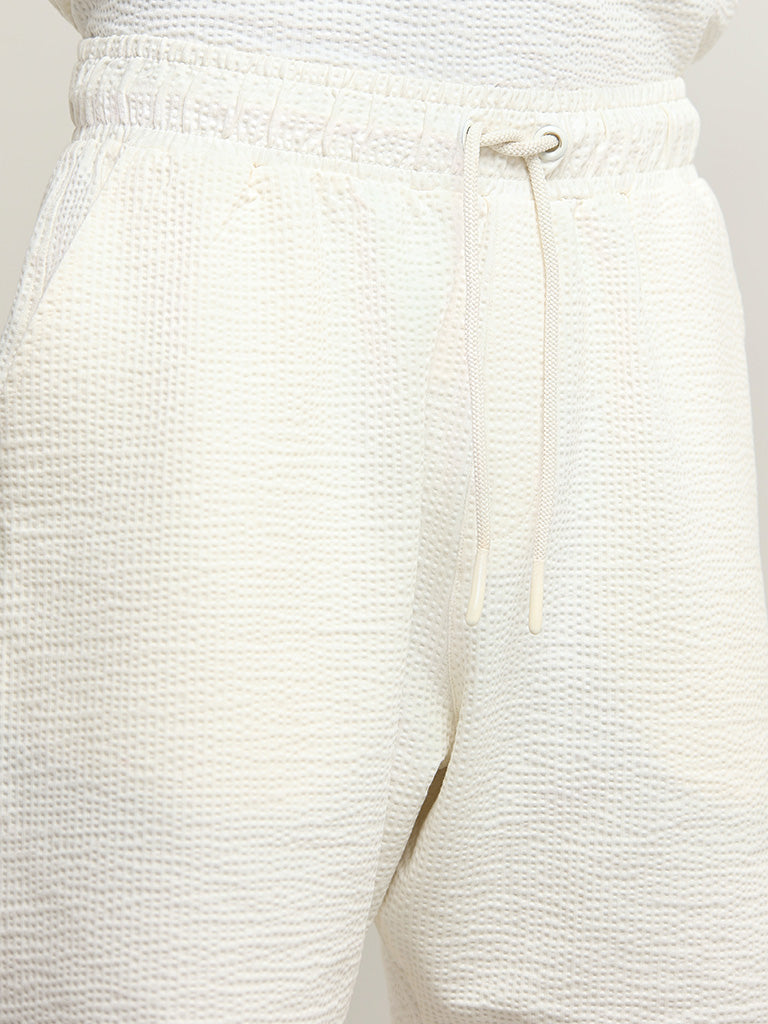 Studiofit Off-White Ribbed Textured Mid Rise Relaxed Fit Shorts