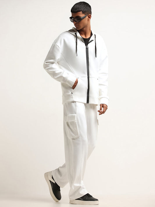 Studiofit White Mid Rise Cotton Blend Straight Fit Cargo Pants