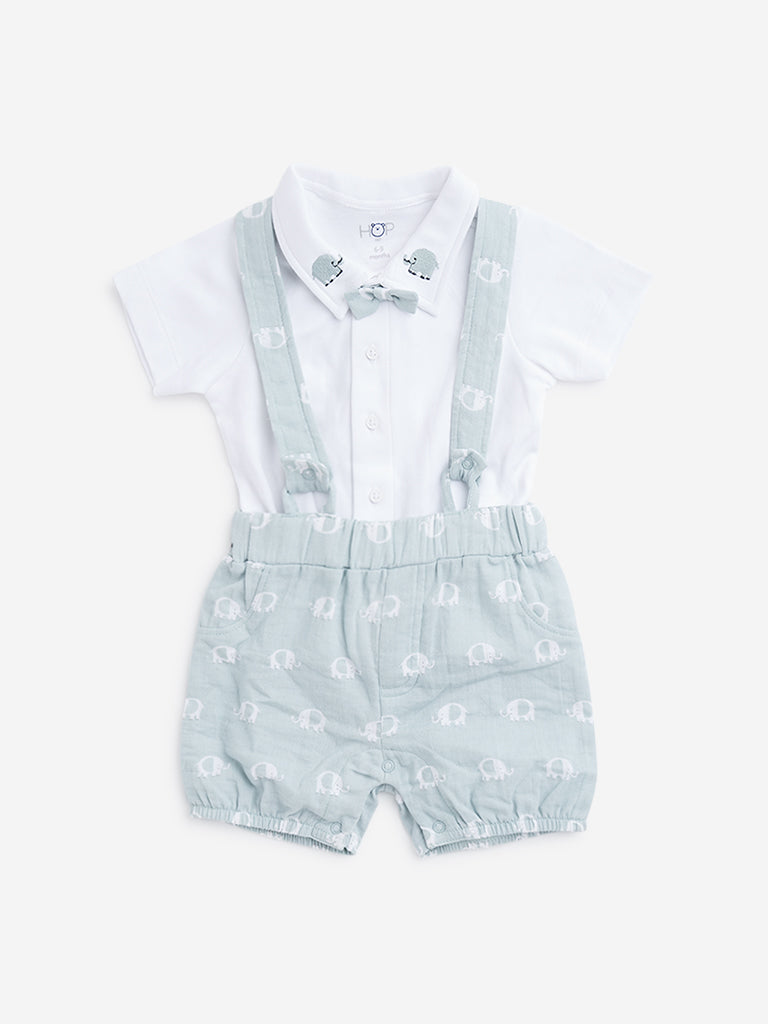 HOP Baby Light Sage Elephant Dungaree, Shirt & Bow Set