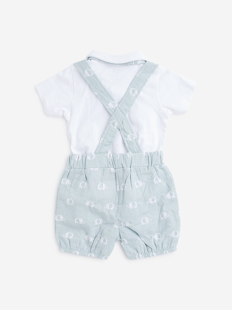 HOP Baby Light Sage Elephant Dungaree, Shirt & Bow Set