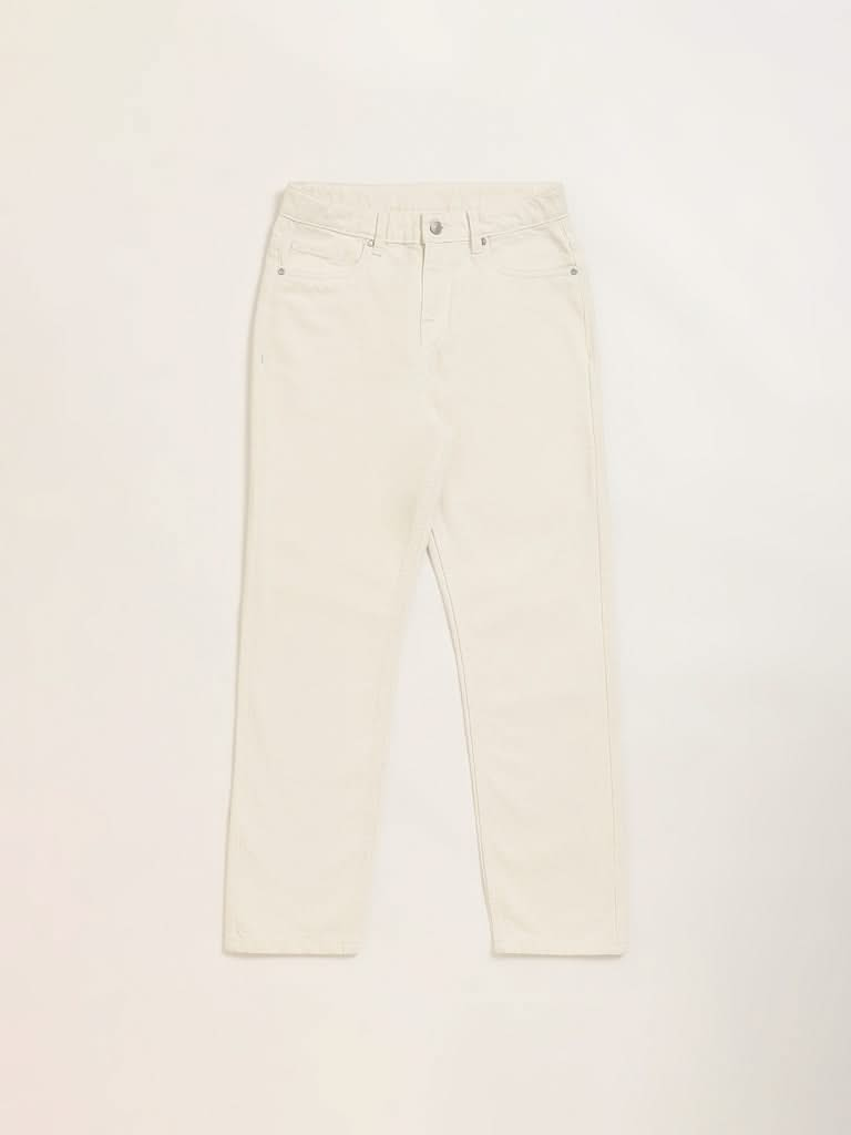 Y&F Kids Cream Straight Fit Mid Rise Denim Jeans