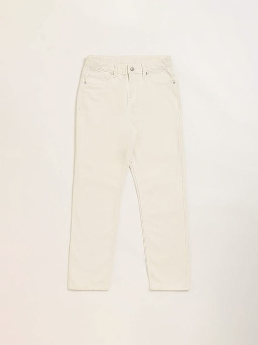 Y&F Kids Cream Straight Fit Mid Rise Denim Jeans