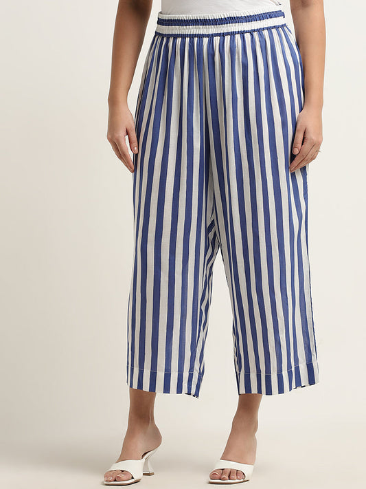 Diza Blue Stripe Printed Mid-Rise Palazzos