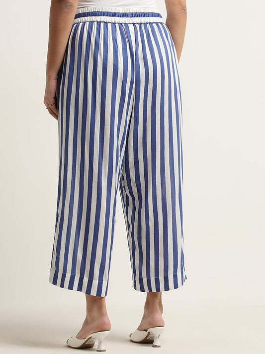 Diza Blue Stripe Printed Mid-Rise Palazzos