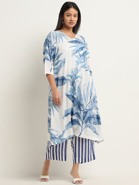 Diza Blue Stripe Printed Mid-Rise Palazzos