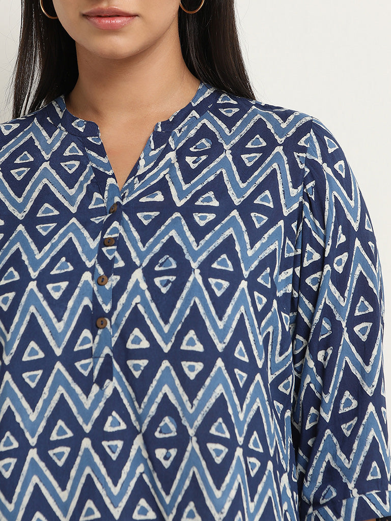 Diza Indigo Geometrical Design Straight Kurti