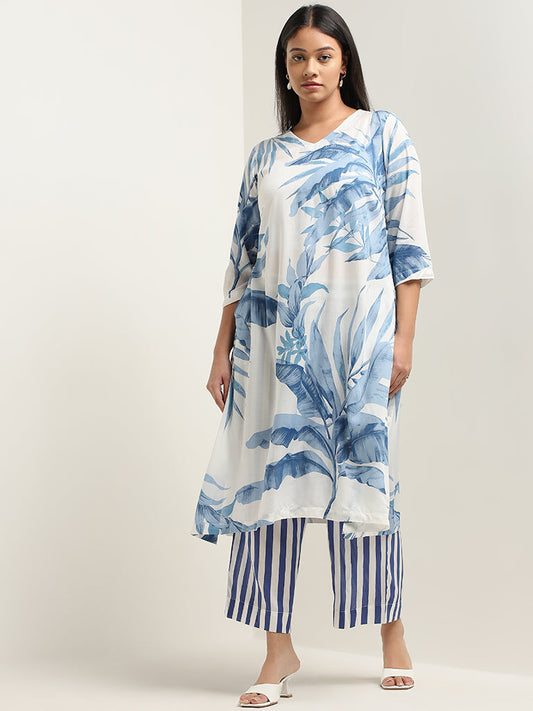 Diza Blue Leaf Printed A-Line Kurta