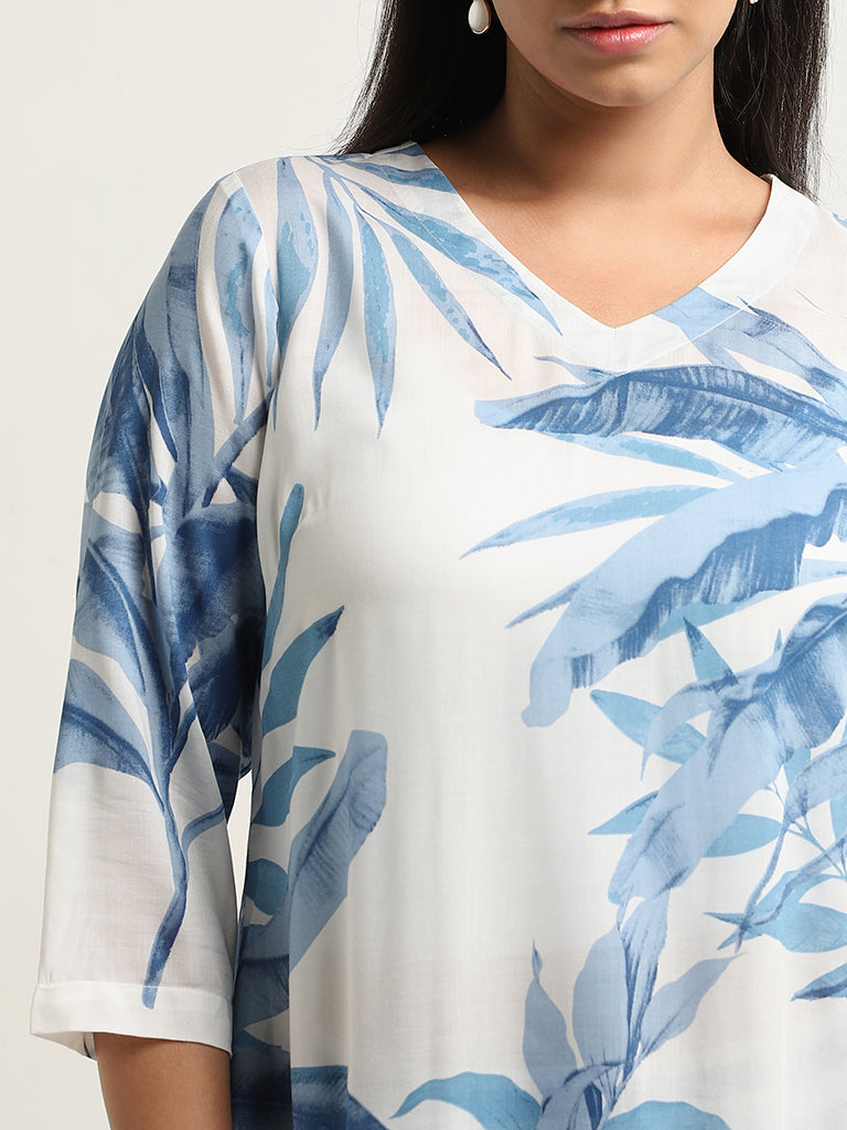 Diza Blue Leaf Printed A-Line Kurta