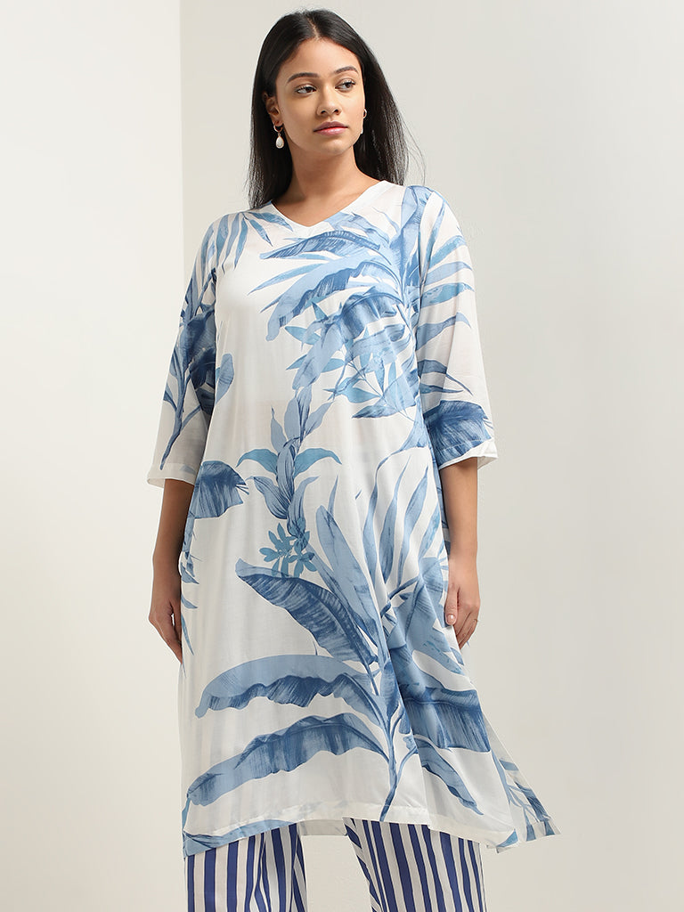 Diza Blue Leaf Printed A-Line Kurta