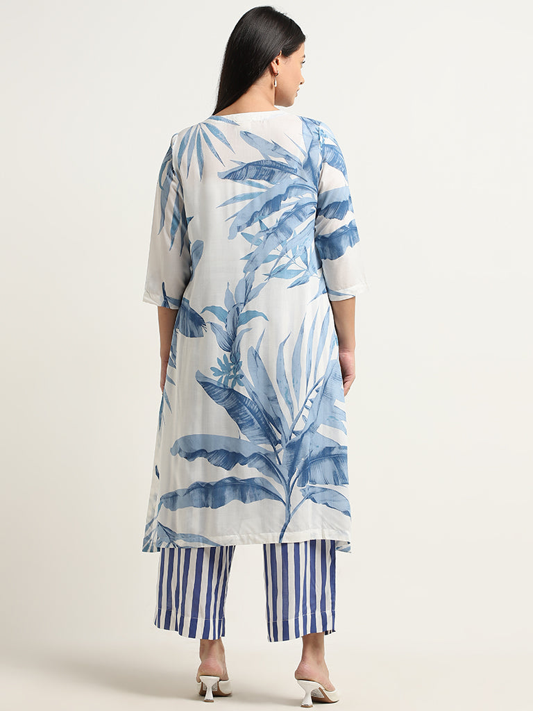 Diza Blue Leaf Printed A-Line Kurta