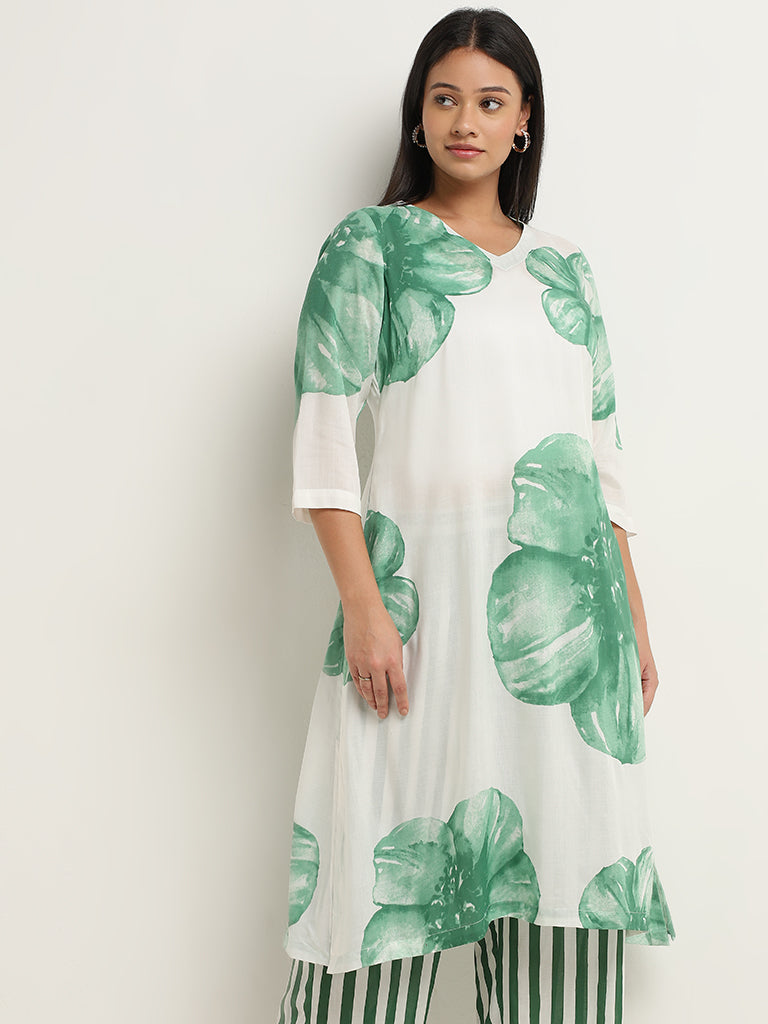 Diza Green Floral Printed A-Line Kurta