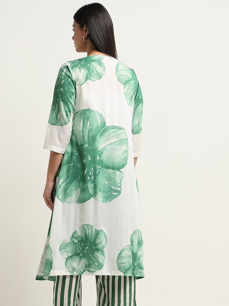 Diza Green Floral Printed A-Line Kurta