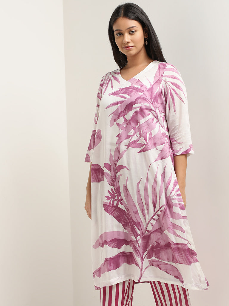 Diza Lilac Leaf-Printed A-Line Kurta