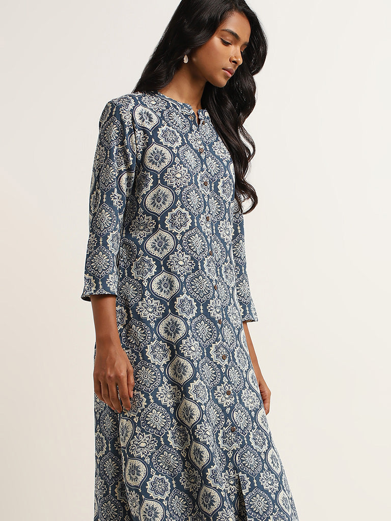 Utsa Blue Printed Straight Fit Kurta